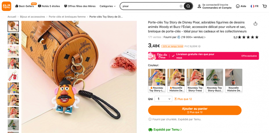 Image montrant un porte-clés Toy Story de Disney Pixar vendu sur TEMU pour 3,48 euros. Ce produit bon marché illustre l'impact de TEMU sur l'artisanat, posant des questions sur la légalité des produits sous licence et leur concurrence déloyale envers les artisans locaux.